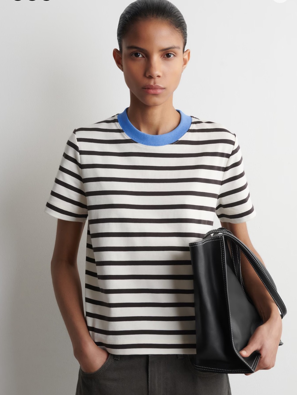 COS Striped Short-Sleeve Crewneck Shirt in Black & White with Blue Collar